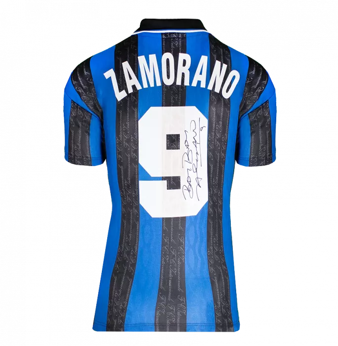 Icons Ivan Zamorano Back Signed Internazionale 1997-98 Home Shirt With Fan Style Numbers In Hero Frame: Option 1