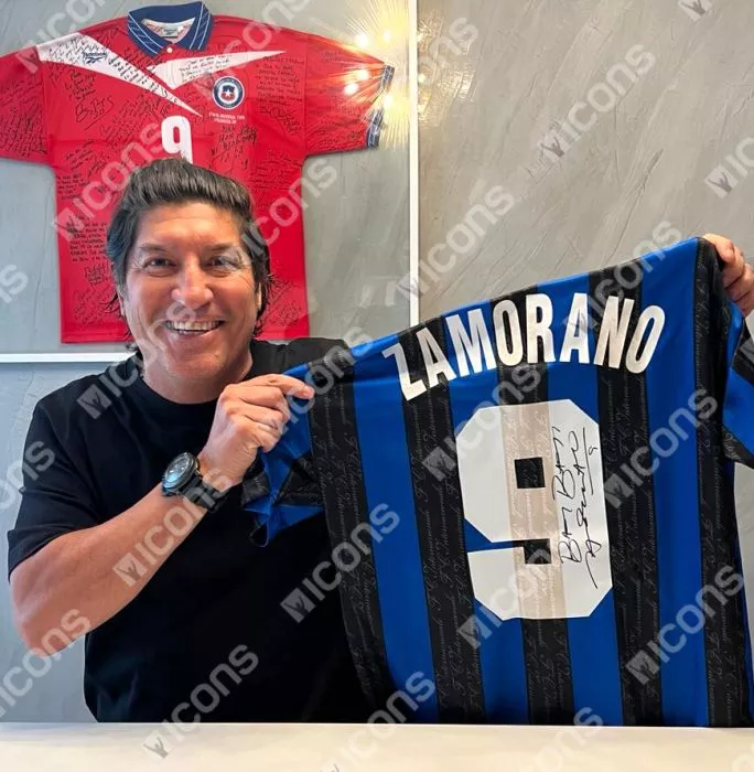 Icons Ivan Zamorano Back Signed Internazionale 1997-98 Home Shirt With Fan Style Numbers In Hero Frame: Option 1