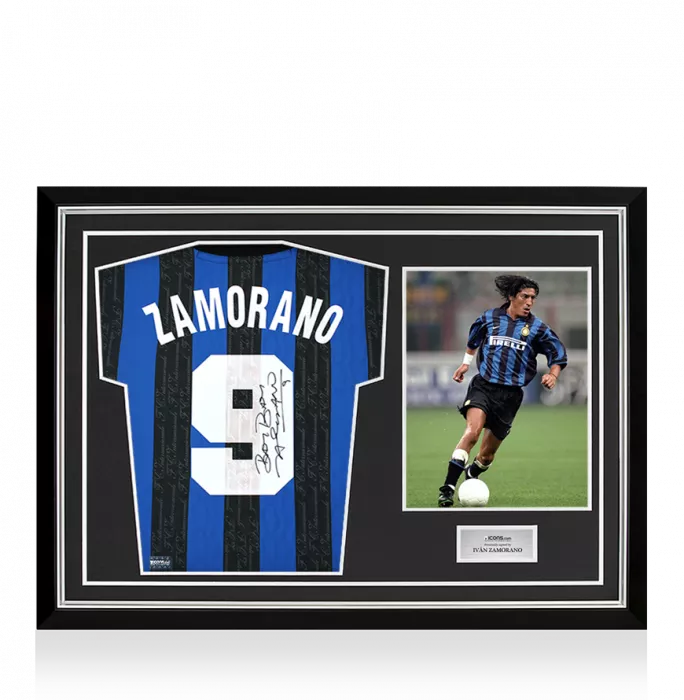 icons Ivan Zamorano Back Signed Internazionale 1997-98 Home Shirt with Fan Style Numbers In Hero Frame: Option 1