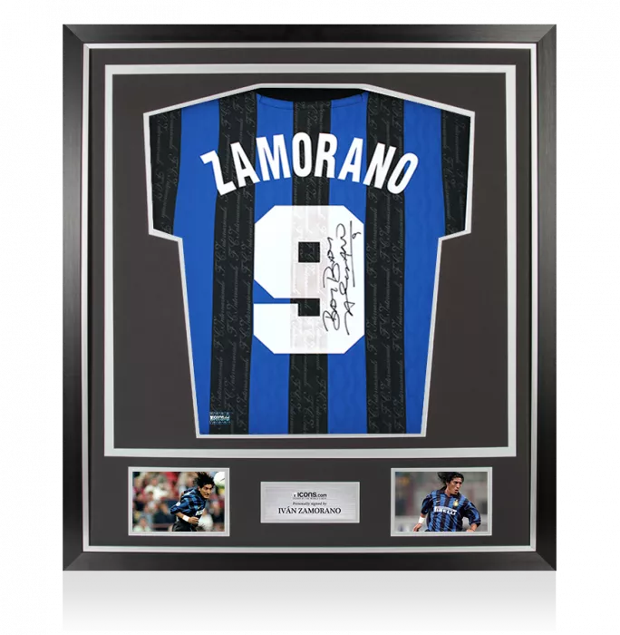 icons Ivan Zamorano Back Signed Internazionale 1997-98 Home Shirt with Fan Style Numbers In Classic Frame