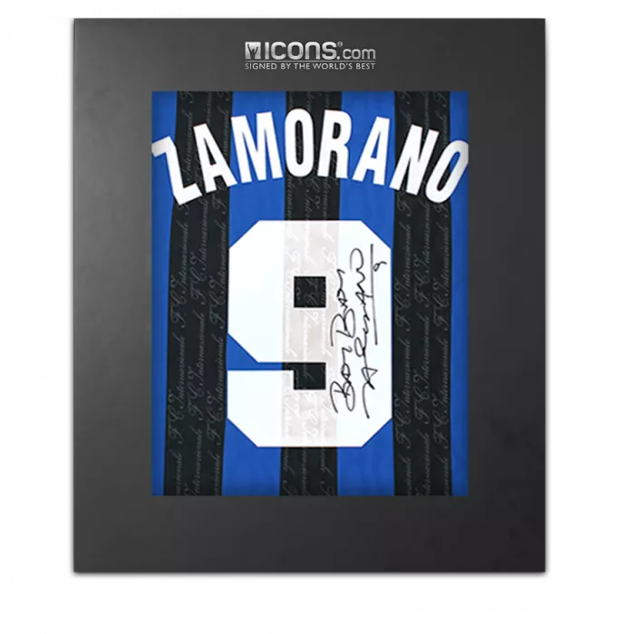 icons Ivan Zamorano Back Signed Internazionale 1997-98 Home Shirt with Fan Style Numbers In Deluxe Packaging