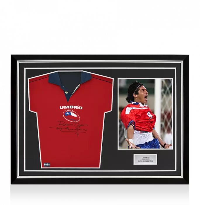 icons Ivan Zamorano Front Signed Chile 2000-01 Home Shirt In Hero Frame: Copa América Edition