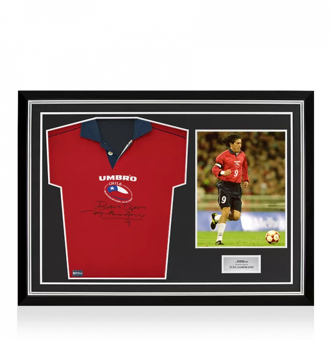 icons Ivan Zamorano Front Signed Chile 2000-01 Home Shirt In Hero Frame: Option 1