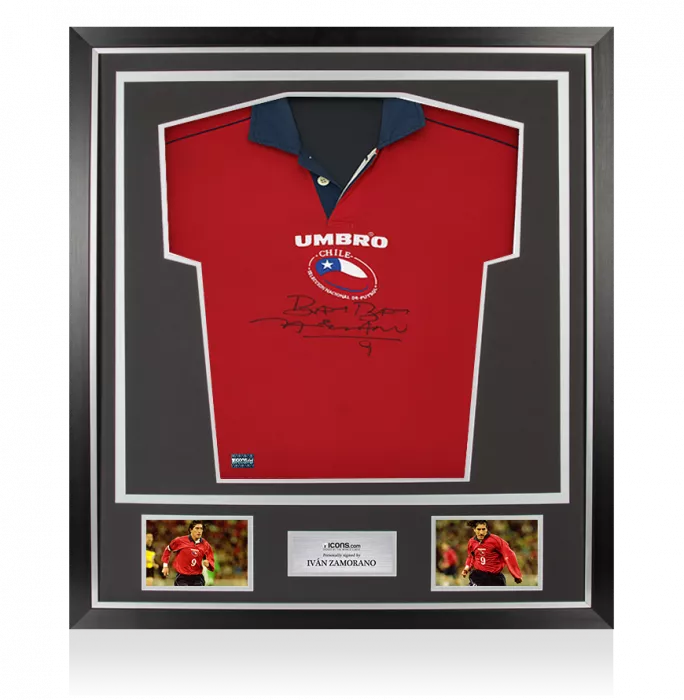 icons Ivan Zamorano Front Signed Chile 2000-01 Home Shirt In Classic Frame