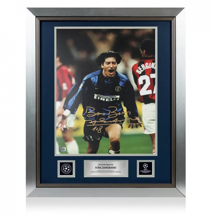 icons Ivan Zamorano Official UEFA Champions League Signed and Framed Internazionale Photo in Gold: Milan Derby Goal