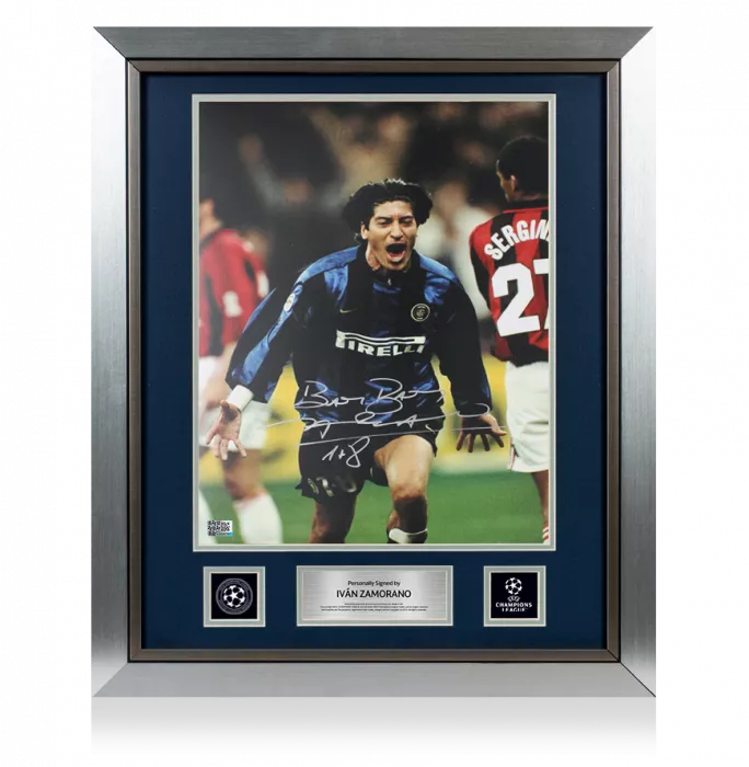icons Ivan Zamorano Official UEFA Champions League Signed and Framed Internazionale Photo in Silver: Milan Derby Goal
