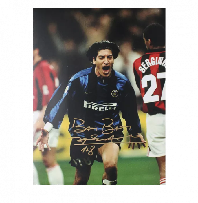 Icons Ivan Zamorano Signed Internazionale Photo In Black Wooden Frame: Milan Derby Goal