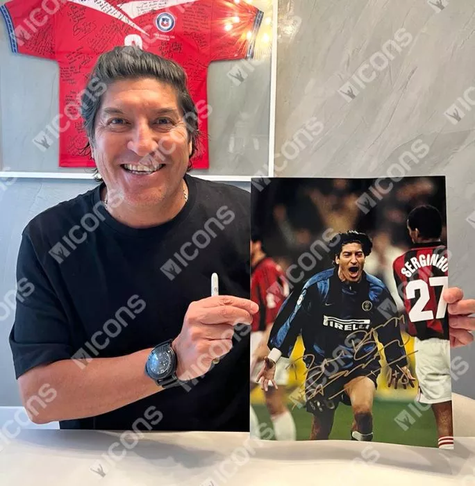 Icons Ivan Zamorano Signed Internazionale Photo In Black Wooden Frame: Milan Derby Goal