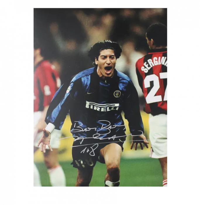 Icons Ivan Zamorano Signed Internazionale Photo In Black Wooden Frame: Milan Derby Goal - Signed In Silver
