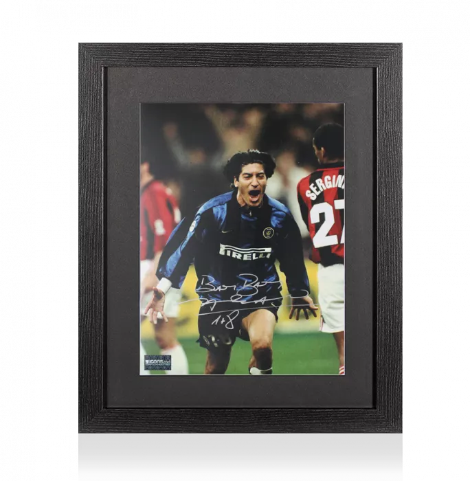 icons Ivan Zamorano Signed Internazionale Photo In Black Wooden Frame: Milan Derby Goal - Signed in Silver