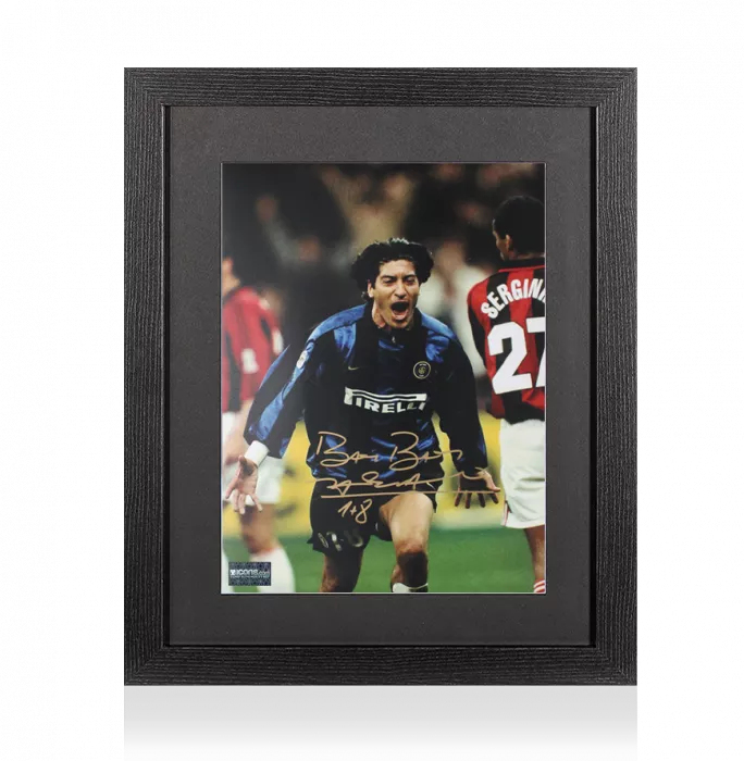 icons Ivan Zamorano Signed Internazionale Photo In Black Wooden Frame: Milan Derby Goal