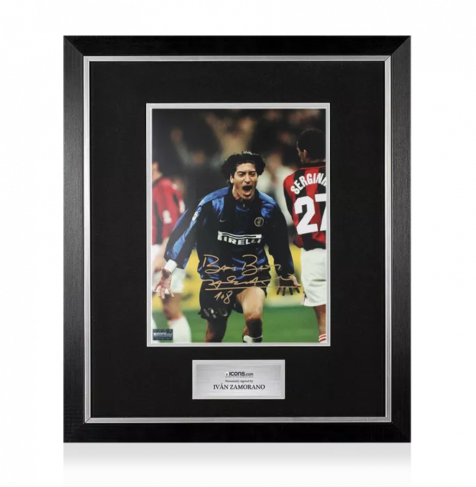 icons Ivan Zamorano Signed Internazionale Photo In Premium Photo Frame: Milan Derby Goal - Signed in Gold