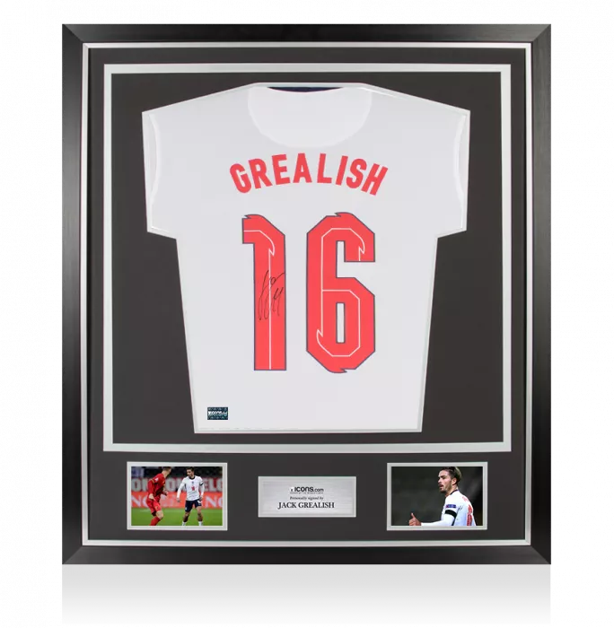 icons Jack Grealish Back Signed England 2020 Home Shirt With Fan Style Numbers In Classic Frame