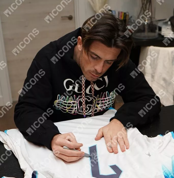 Icons Jack Grealish Back Signed England 2022-23 Home Shirt With Fan Style Numbers In Deluxe Packaging