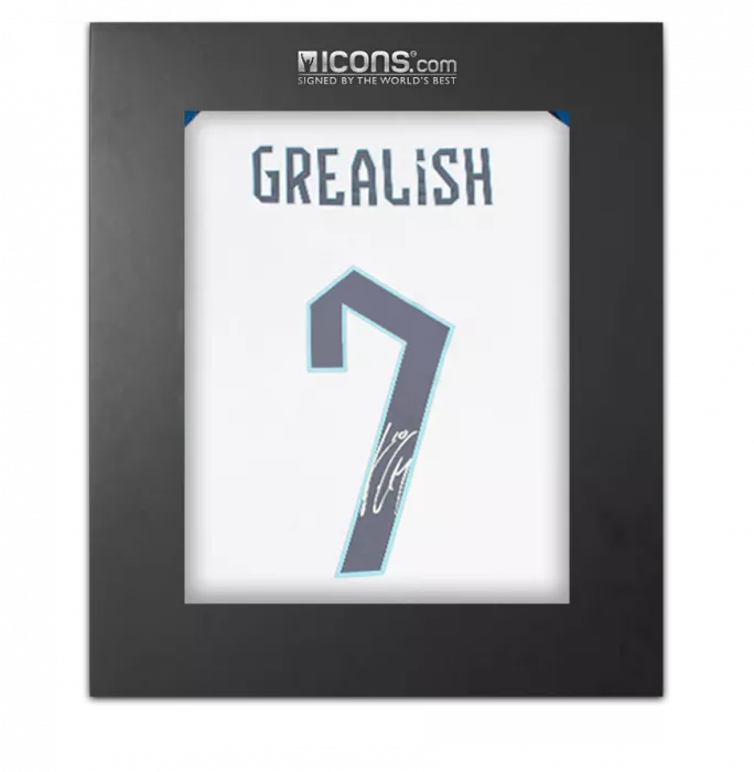 icons Jack Grealish Back Signed England 2022-23 Home Shirt with Fan Style Numbers In Deluxe Packaging