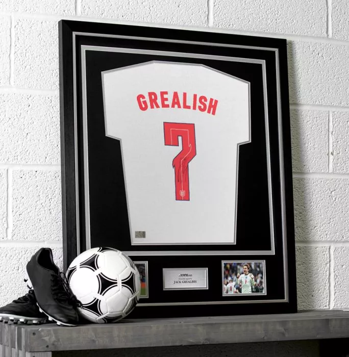 Icons Jack Grealish Back Signed England T-Shirt In Classic Frame