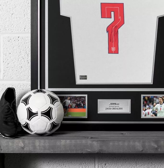 Icons Jack Grealish Back Signed England T-Shirt In Classic Frame