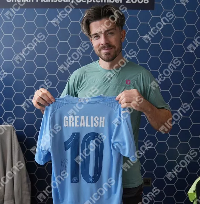 Icons Jack Grealish Back Signed Manchester City 2023-24 Home Shirt In Hero Frame: Option 1