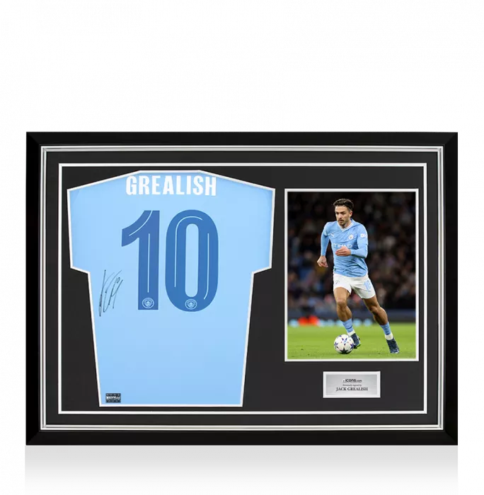 icons Jack Grealish Back Signed Manchester City 2023-24 Home Shirt In Hero Frame: Option 1