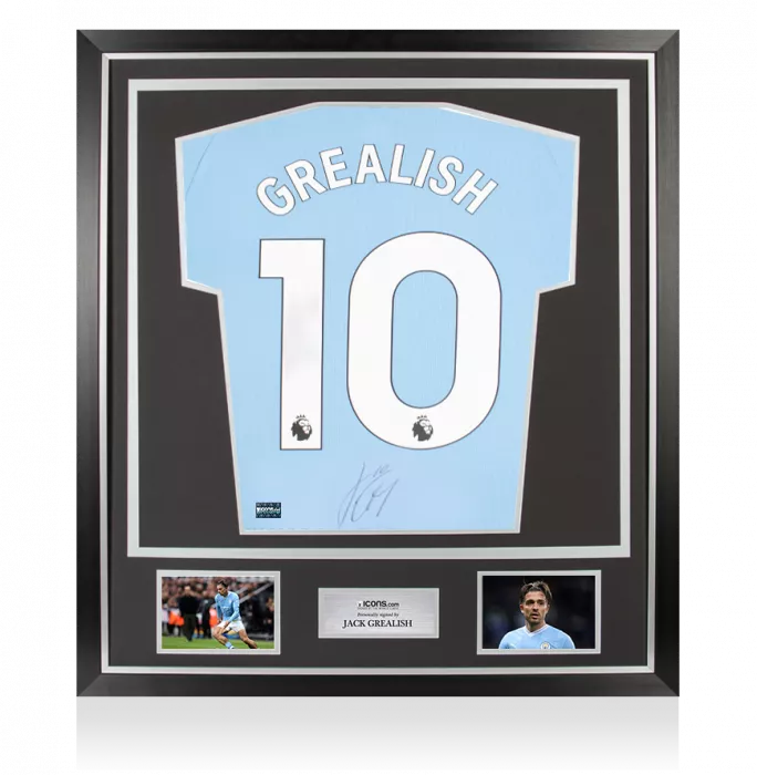 icons Jack Grealish Back Signed Manchester City 2023-24 Home Shirt: Signed Under Number In Classic Frame