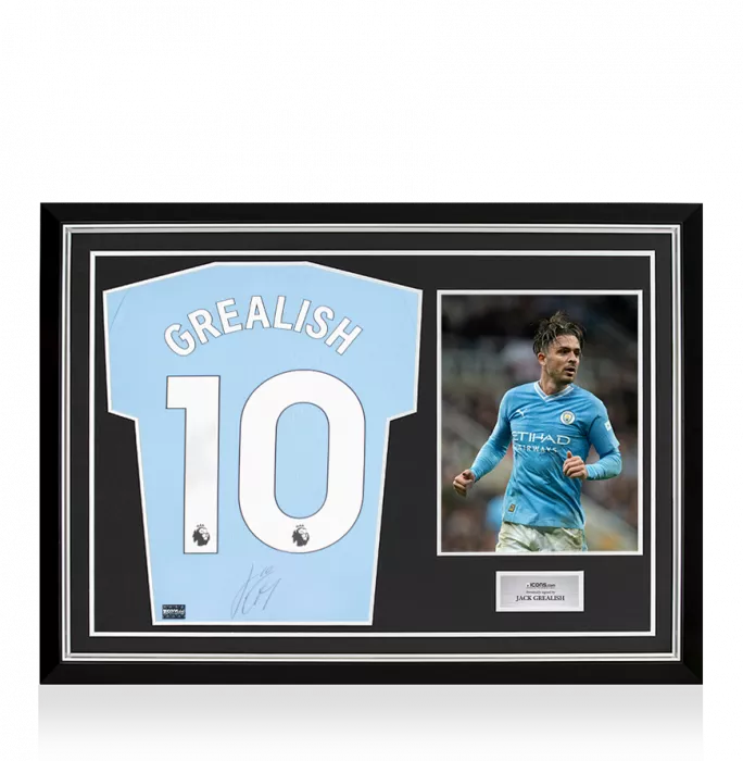 icons Jack Grealish Back Signed Manchester City 2023-24 Home Shirt: Signed Under Number In Hero Frame: Option 1