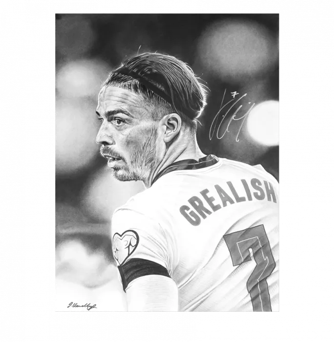 Icons Jack Grealish England 2022 Home Shirt And Signed Original Artwork In Hero Frame: Limited Edition 1/1