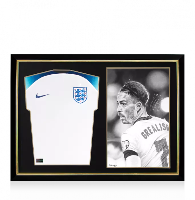 icons Jack Grealish England 2022 Home Shirt and Signed Original Artwork In Hero Frame: Limited Edition 1/1