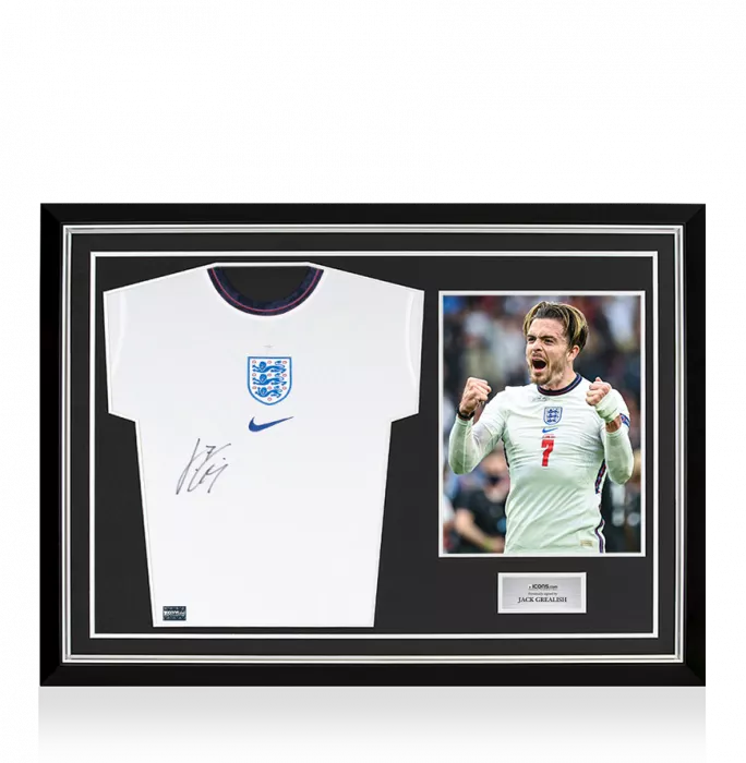 Icons Jack Grealish Front Signed England 2021-22 Home Shirt In Hero Frame: Option 1