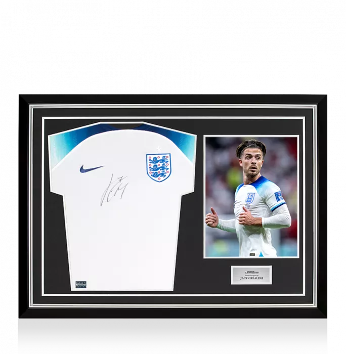icons Jack Grealish Front Signed England 2022 Home Shirt In Hero Frame: Option 1