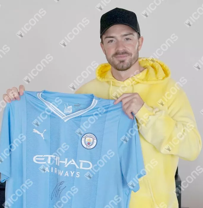 Icons Jack Grealish Front Signed Manchester City 2023-24 Home Shirt In Hero Frame: Option 1