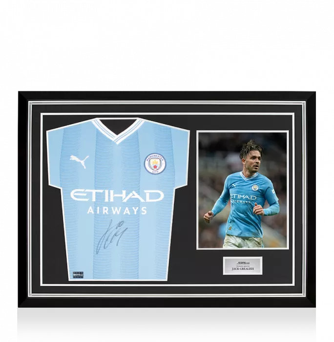 icons Jack Grealish Front Signed Manchester City 2023-24 Home Shirt In Hero Frame: Option 1