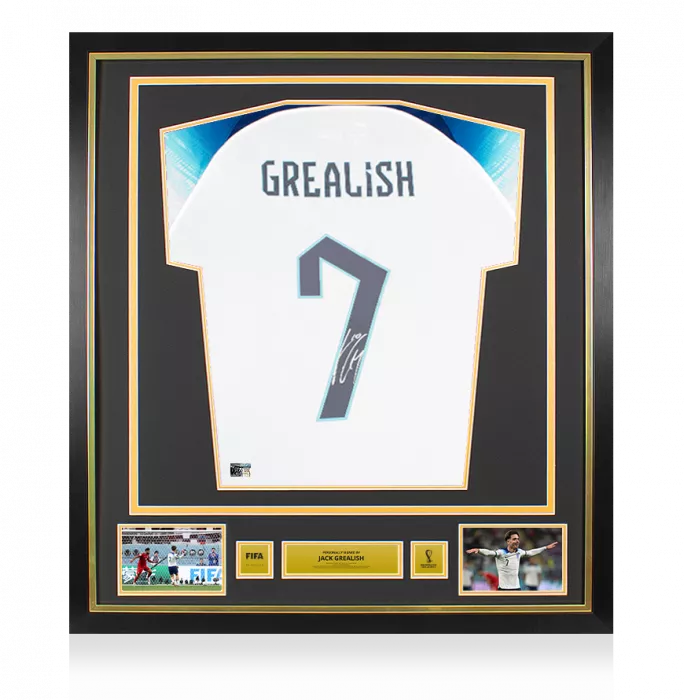icons Jack Grealish Official 2022 FIFA World Cup™ Back Signed and Framed England 2022-23 Home Shirt with Fan Style Numbers