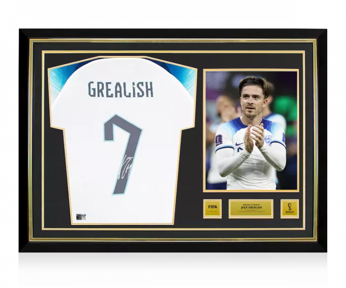 icons Jack Grealish Official 2022 FIFA World Cup™ Back Signed and Hero Framed England 2022-23 Home Shirt with Fan Style Numbers