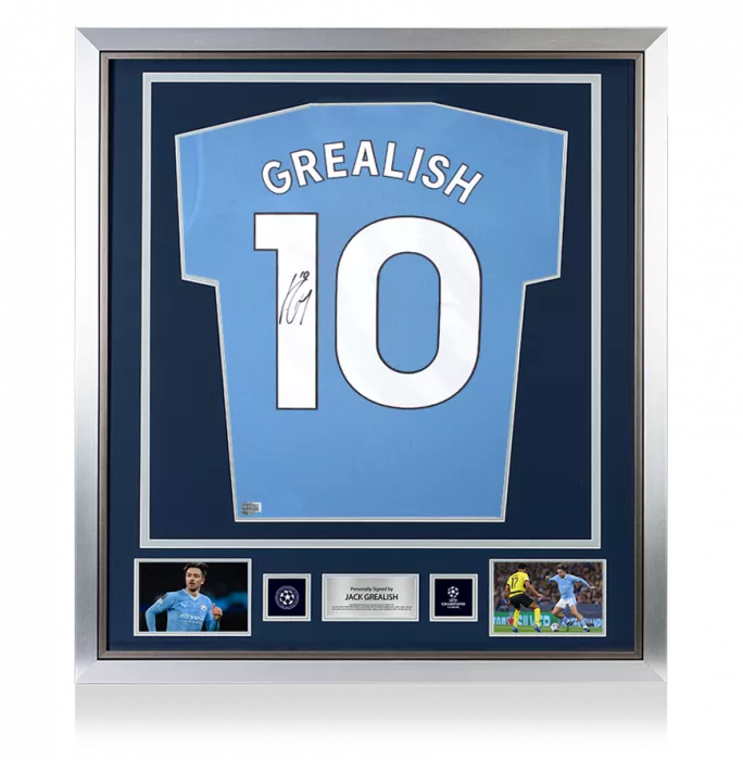 icons Jack Grealish Official UEFA Champions League Back Signed and Framed Manchester City 2024-25 Home Shirt