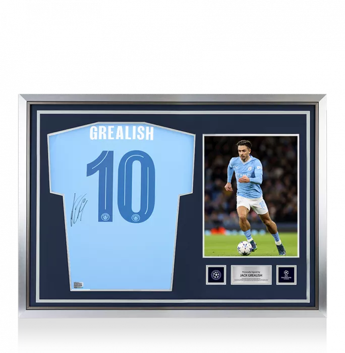 icons Jack Grealish Official UEFA Champions League Back Signed and Hero Framed Manchester City 2023-24 Home Shirt