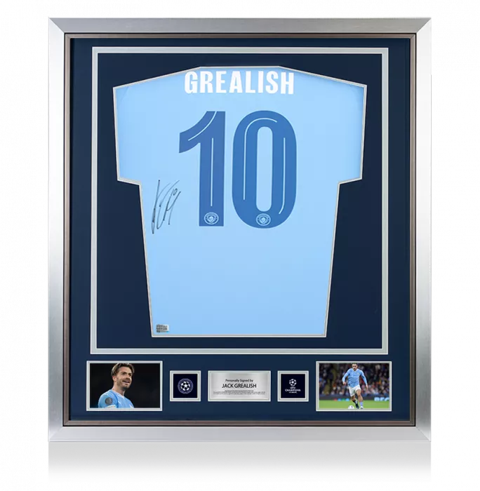 icons Jack Grealish Official UEFA Champions League Back Signed and Framed Manchester City 2023-24 Home Shirt