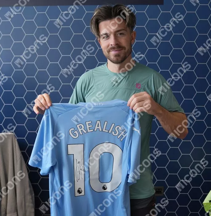 Icons Jack Grealish Official UEFA Champions League Back Signed And Hero Framed Manchester City 2023-24 Home Shirt