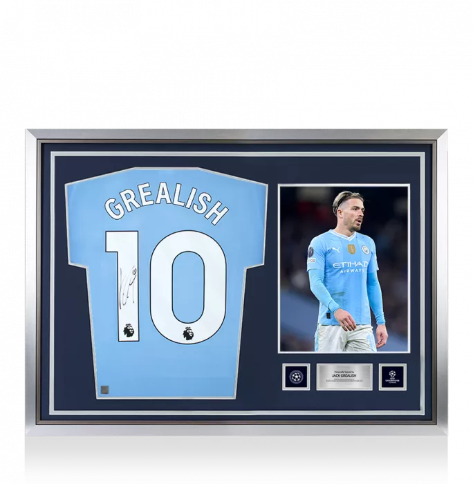 icons Jack Grealish Official UEFA Champions League Back Signed and Hero Framed Manchester City 2023-24 Home Shirt