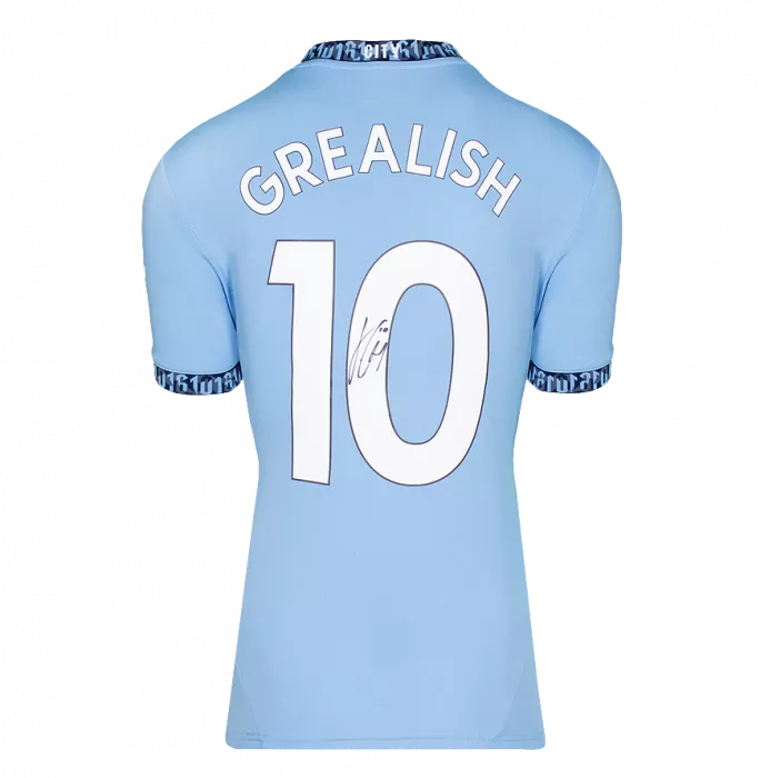Icons Jack Grealish Official UEFA Champions League Back Signed And Hero Framed Manchester City 2024-25 Home Shirt With Fan Style Numbers