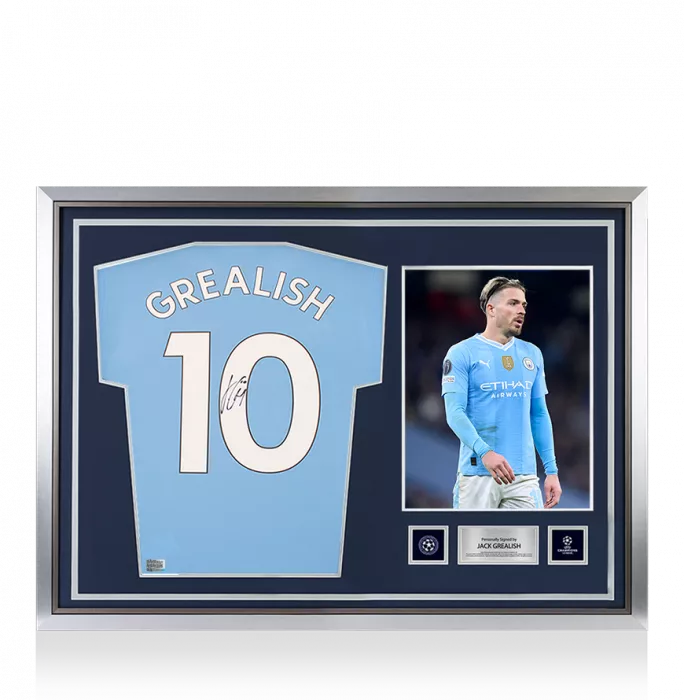 icons Jack Grealish Official UEFA Champions League Back Signed and Hero Framed Manchester City 2024-25 Home Shirt with Fan Style Numbers
