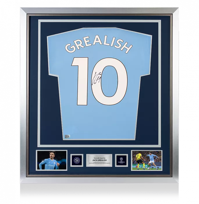 icons Jack Grealish Official UEFA Champions League Back Signed and Framed Manchester City 2024-25 Home Shirt with Fan Style Numbers