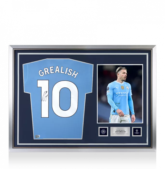icons Jack Grealish Official UEFA Champions League Back Signed and Hero Framed Manchester City 2024-25 Home Shirt