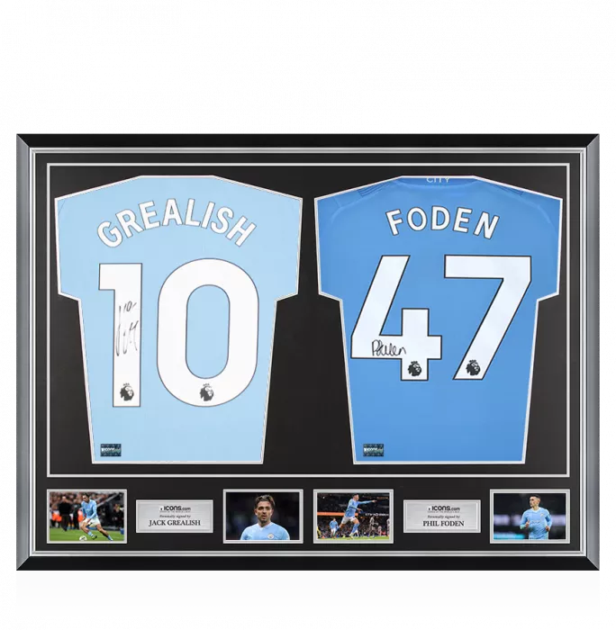 icons Jack Grealish & Phil Foden Back Signed Manchester City 2023-24 Home Shirts In Classic Dual Frame