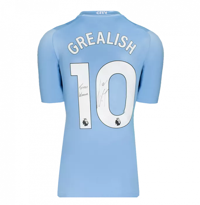 Icons Jack Grealish Signed Manchester City 2023-24 Home Shirt: Treble Winner Inscription In Hero Frame: Option 1