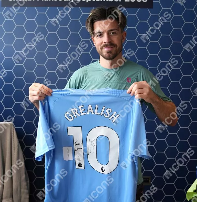Icons Jack Grealish Signed Manchester City 2023-24 Home Shirt: Treble Winner Inscription In Hero Frame: Option 1
