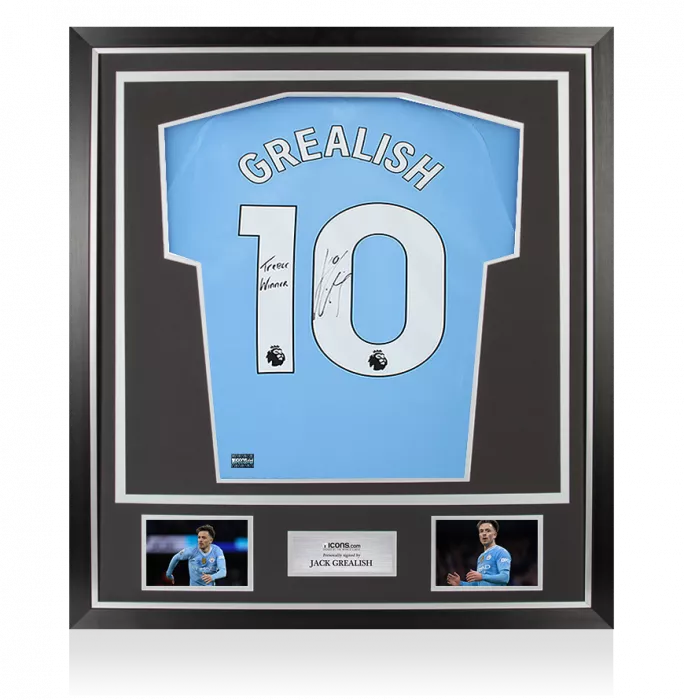 icons Jack Grealish Signed Manchester City 2023-24 Home Shirt: Treble Winner Inscription In Classic Frame
