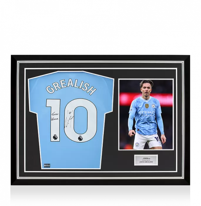 icons Jack Grealish Signed Manchester City 2023-24 Home Shirt: Treble Winner Inscription In Hero Frame: Option 1