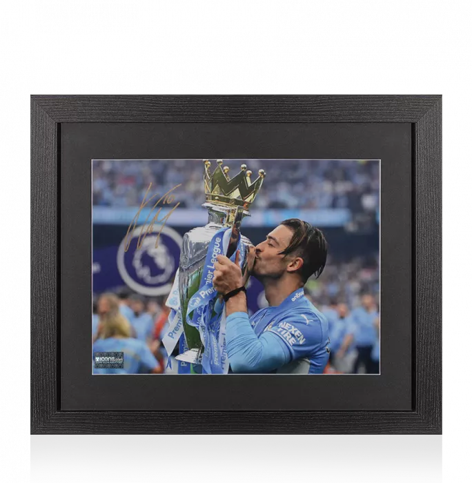 icons Jack Grealish Signed Manchester City Photo In Black Wooden Frame: Premier League Trophy