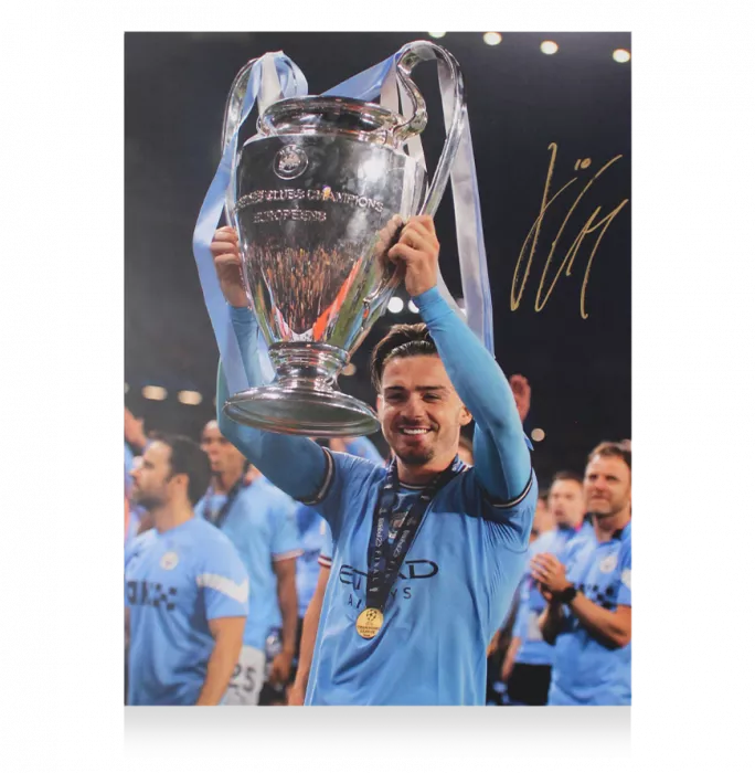 Icons Jack Grealish Signed Manchester City Photo In Black Wooden Frame: UEFA Champions League Winner