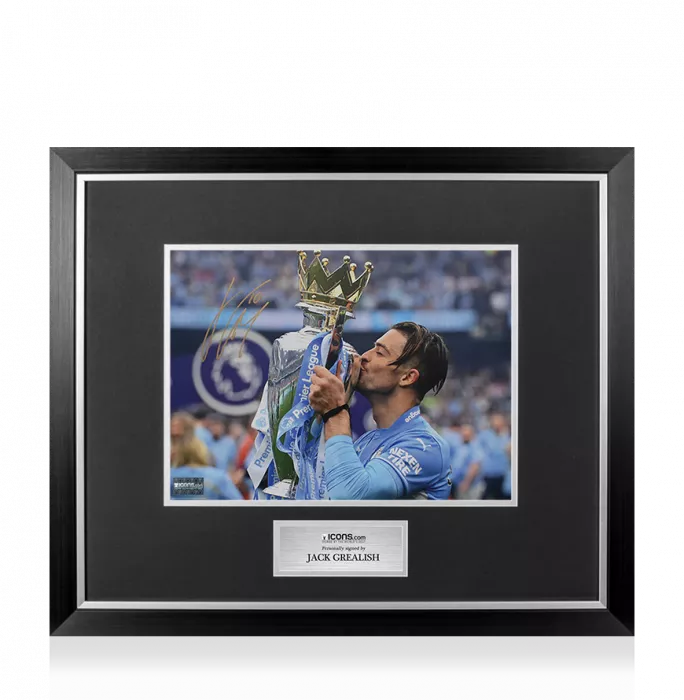 icons Jack Grealish Signed Manchester City Photo In Premium Photo Frame: Premier League Trophy
